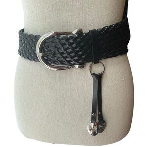 Michael Michael Kors Wide Black Braided Bonded Leather Belt Logo MK Charms  Sz L